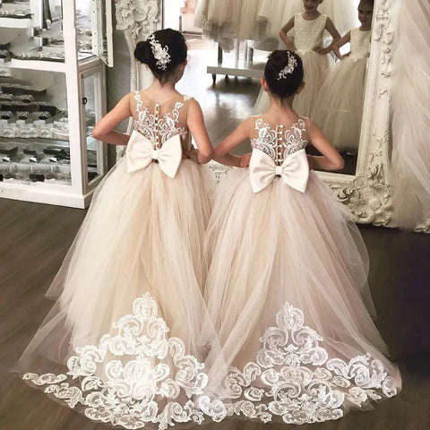 White Lace Child Flower Girl Dress Tulle Appliques Princess Floor Length for Wedding Party Baptism First Communion Gown