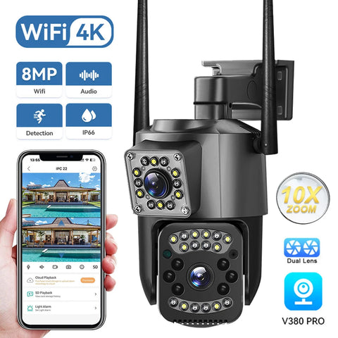 4K 8MP Dual Lens WiFi IP Camera Night Vision Ai Human Detect PTZ Outdoor Video Camara Wireless V380 Pro CCTV Security Protection