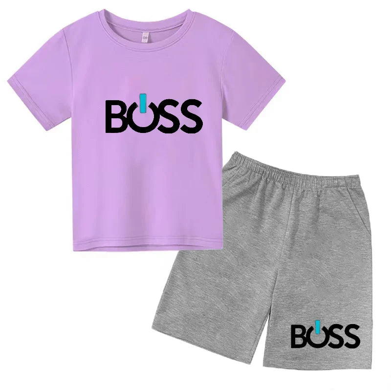 2024 Children's Summer Boss Pattern Printed Solid Color Short Sleeve Clothing Tee Sets Boys Girls New Style Casual Fashion Suits