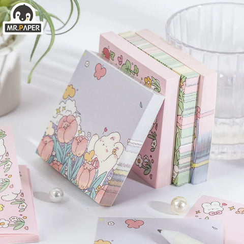 Mr.Paper 100pcs/Bag Square Memo Pad Ins Fresh Artistic Flower Handbook Decoration Message-Leaving Note Stationery Supplies