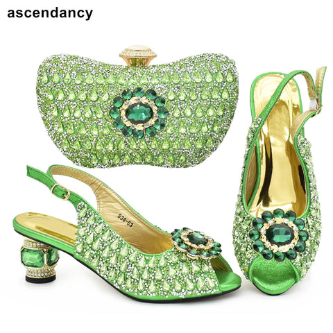 Women's Luxury Medium Heel Sandals Luxury Designer Shoes Rhinestone Bag set