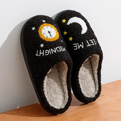 Fashion Winter Slippers Midnight Women Moon and Clock Indoor Home Warm Casual Exquisite Soft Flat Cotton Houseshoes Taylor