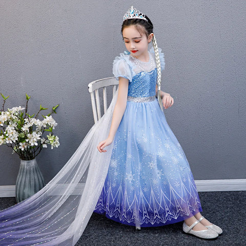 Girls Elsa Cosplay Princess Costume Frozen Role Play Fancy Dress Up Kids Birthday Party Clothes Sequin Mesh Princess Prom Gown