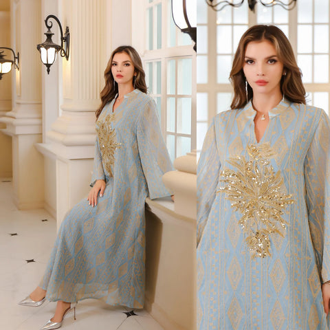 Eid Long Robe Muslim Women Party Sequins Jalabiya Dresses Embroidery Ramadan Abayas Kaftan Islam Vestidos Arab Morocco Dubai