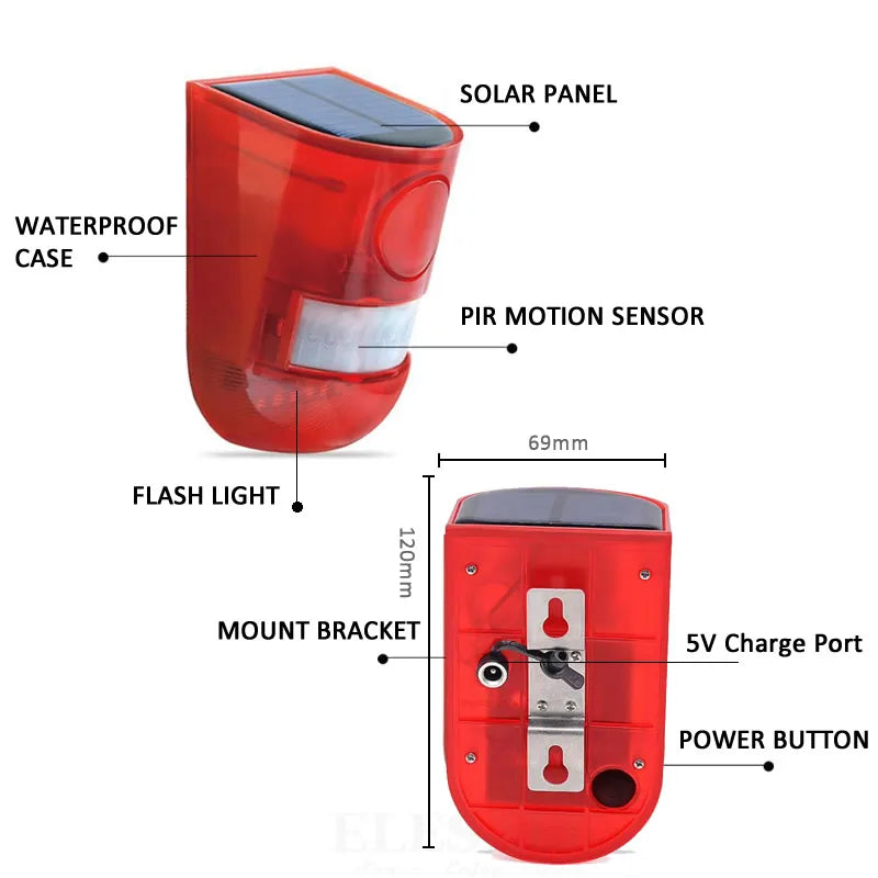 New Solar Infrared Motion Sensor Alarm With 110db Siren Strobe Light For Home Garden Carage Shed Carvan Security Alarm System