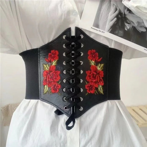 Women's Corset Belt Gothic Fashion PU Flower Embroidery Cummerbunds