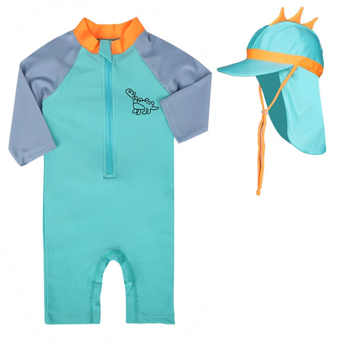 Baby Swimsuit One-Piece Bathing Suit Boy with Sun Cap UPF50 UV Protection Long Sleeve Dinosaur Children's Swimwear for Toddler