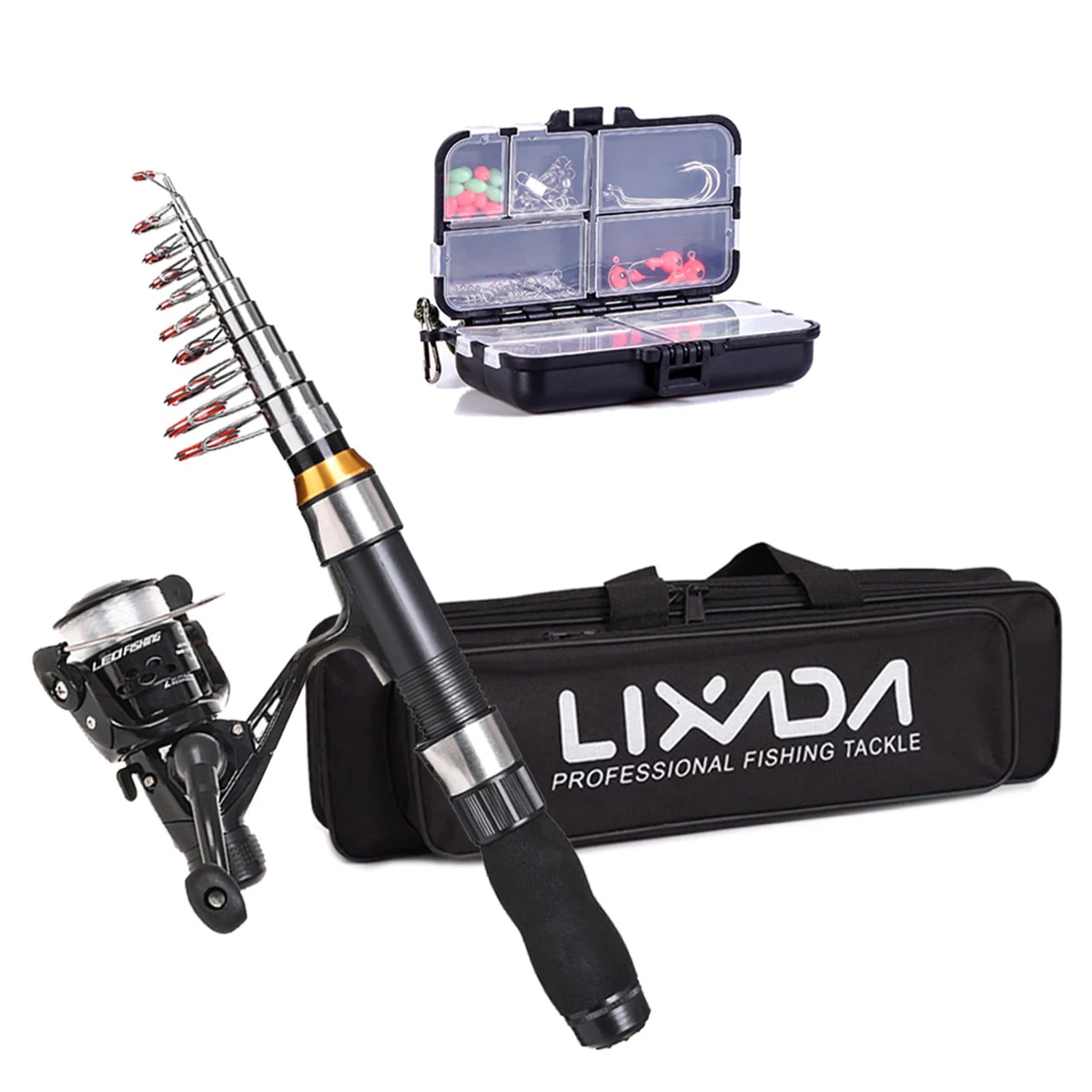 Lixada Fishing Rod Reel Combo Full Kit Telescopic Fishing Rods Spinning Reels Set with Hooks Soft Lures Barrel Swivels