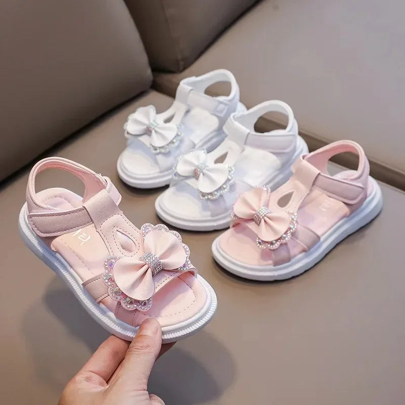 Girls Sandals Kid Summer Sweet Rhinestone Party Princess Beach Shoes Cute Bowknot Soft Sole Flat Sandals сандалии для девочек