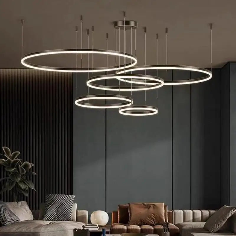 2024 Minimalist Modern Led Chandelier Home Lighting Brushed Rings Ceiling Mounted Acrylic Hanging Lamp Black&coffee Color