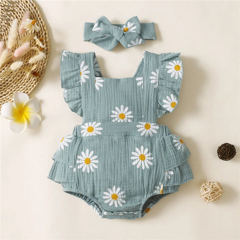 Infant Baby Girl Romper Clothes Ruffle Sleeveless Newborn Bodysuit with Headband Summer Jumpsuit Fashion Toddler Outfit Suit