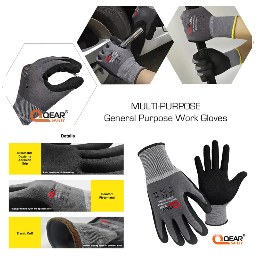 QEAR SAFETY General Purpose Micro Sandy Nitrile Rubber Palm Coated Work Gloves, Abrasion, Grip, Breathable Anti-hand-fatigue