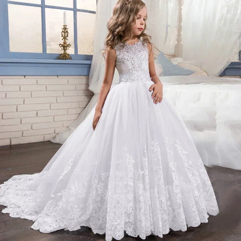 6-14 Years Lace Tulle Flower Girl Dresses Flower Bows Children First Communion Ball Gown Wedding Party Bridesmaid Dress for Kids