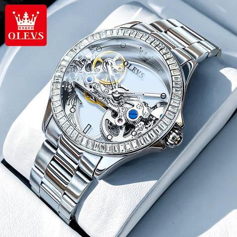 OLEVS Fully Hollow Out Mechanical Watch for Women Luxury Fashion Diamond Lap Ladies Wristwatch Elegant Automatic Women's Watches