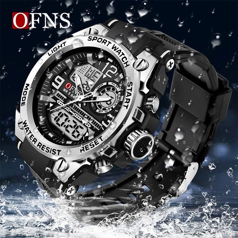 OFNS Luxury Business Man Quartz Watch G Style Date Chronograph Alarm LED Dual Display Clock Men's Electronic Watch Waterproof