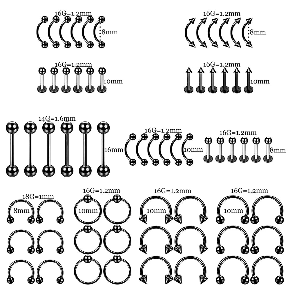 6 PCS Professional Piercing Kit Stainless Steel 14G 16G Belly Tongue Tragus Nipple Lip Nose Ring Body Jewelry Black