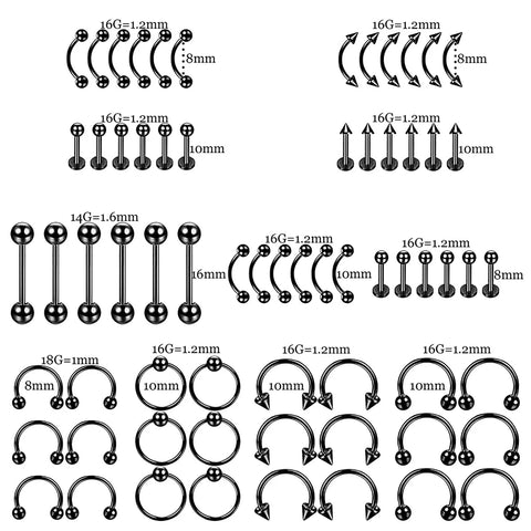 6 PCS Professional Piercing Kit Stainless Steel 14G 16G Belly Tongue Tragus Nipple Lip Nose Ring Body Jewelry Black