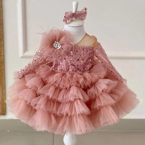 Flower Girl Dresses Cute Pink Glitter Sequined Shiny Puffy