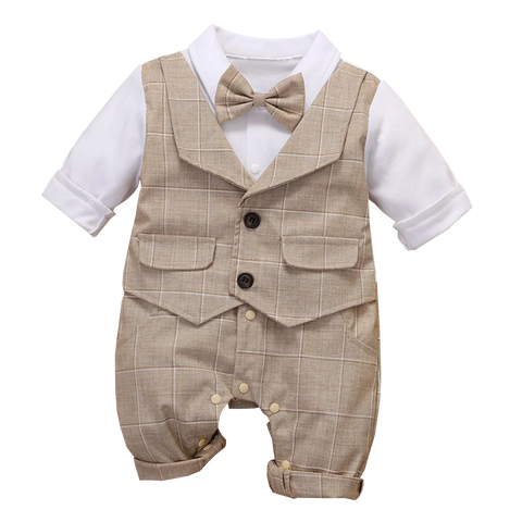 3-24M Formal Anniversary Dress Toddler Child Cotton Party Suit Infant Plaid Outfit Clothes Newborn Boy Vest Romper Baby Birthday