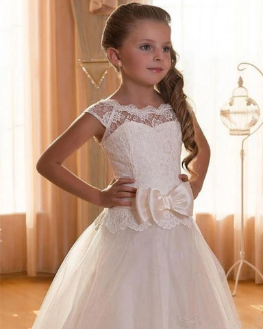 White First Communion Gown for Girls Backless Lace Appliques Bow Tulle Long Flower Gir Dresses Wedding Party Birthday Dresses