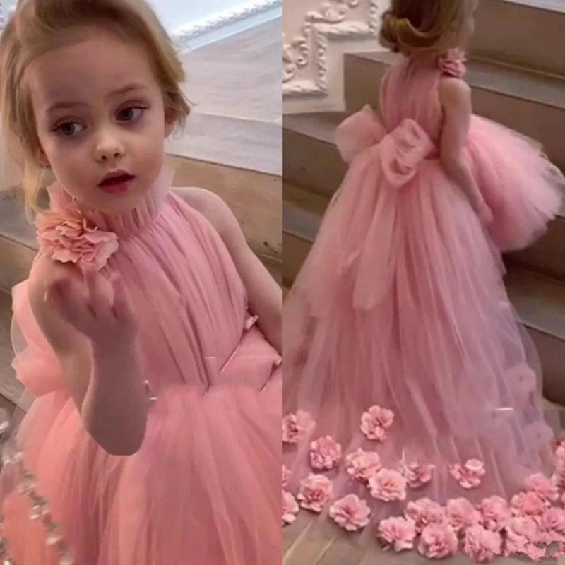 Lovely Flower Girl Dresses For Wedding High-Neck Tulle Floor Length Ball Gown Junior Bridesmaid