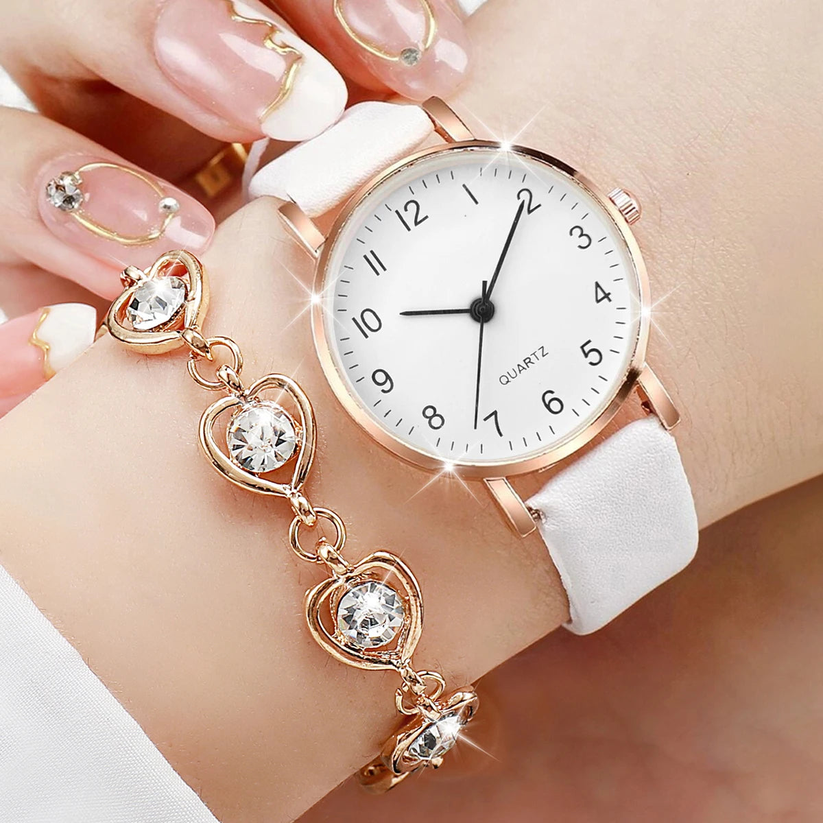 Fashionable Noble Women's Watch White Digital dial Quartz Watch Jewelry Set