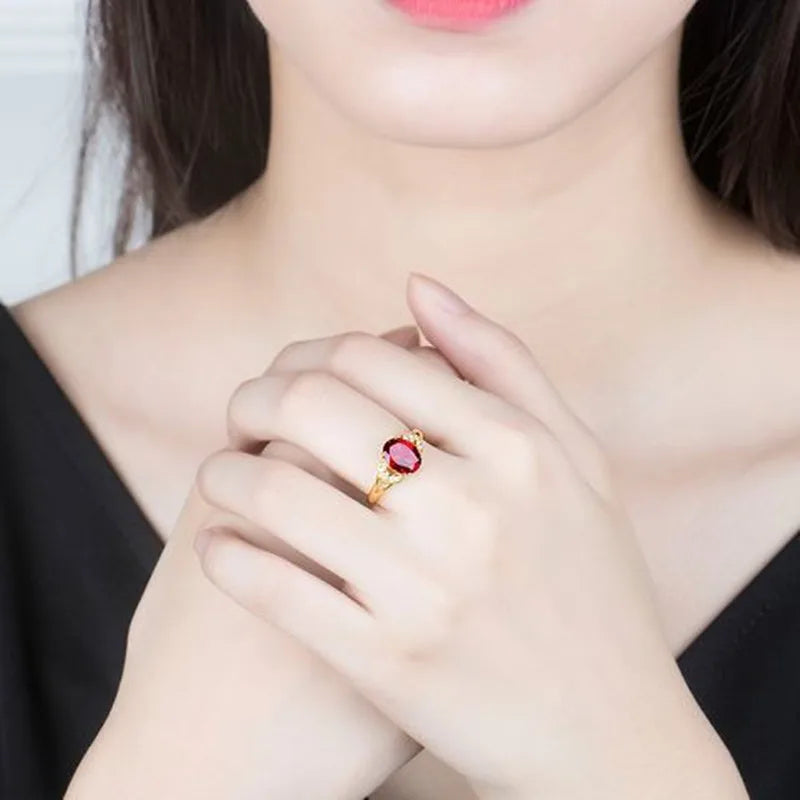 24K gold garnet AU999 pure gold ring natural red crystal inlaid open adjustable ring female