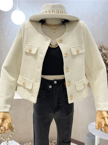 Women Vintage Woolen Short Coats Streetwear Elegant Casual Slim Outwear Crop Top