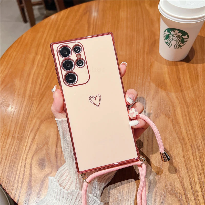 Luxury Plating Silicone Love Heart Crossbody Cord Lanyard Case For Samsung S23 S22 Ultra S21 Plus S20 FE A52 A12 A53 Soft Cover