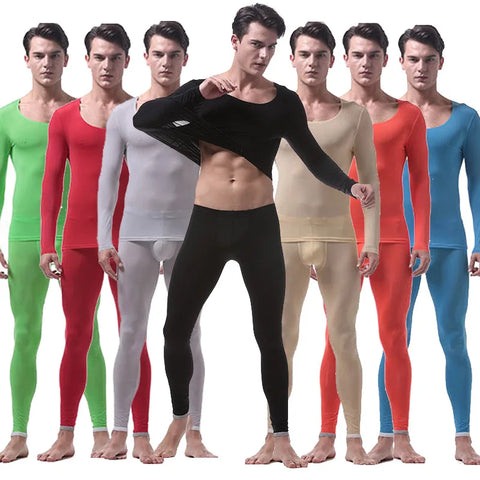 Men Long Johns Mens Seamless Thermal Underwear Suit Sexy Ultra-thin Translucent Home Lounge Men Undershirt Leggings 2 Piece/Sets