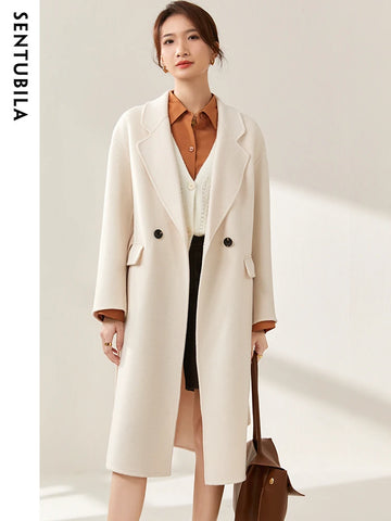 SENTUBILA Longline Wool Coat for Women 2023 Winter Elegant Notched Collar Belted Maxi Wool Blend Overcoat Outerwear W24O42057