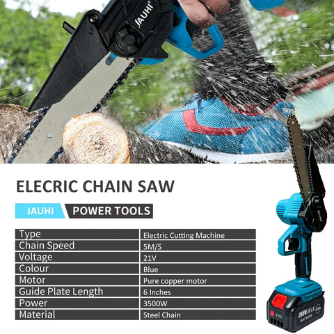 JAUHI 6 Inch Electric Chain Saw Handheld Chainsaw Tree Wood Cutter Pruning Garden Portable Power Tool Compatible Makita Battery