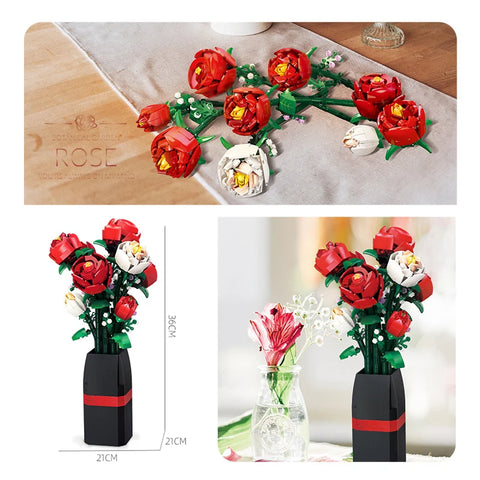 Creative Red Rose Vase Plants Model Building Blocks Moc Romantic Classic Flowers Bouquet Potted Bricks Toys Valentine's Day Gift