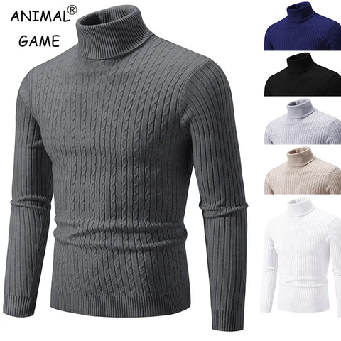 Men's High Neck Sweater Solid Color Pullover Knitted Warm Casual