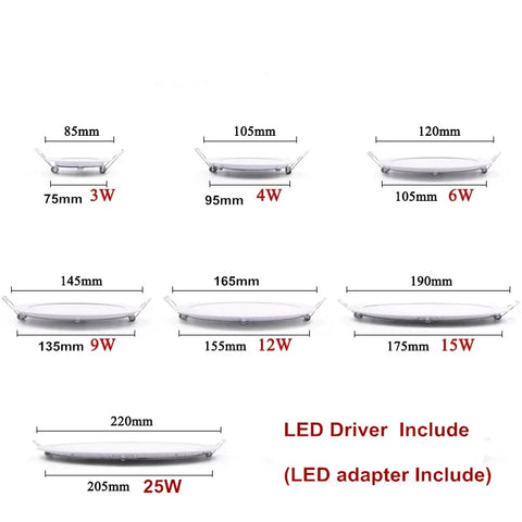 Ultra Thin LED Panel Downlight 3W 6W 9W 12W15W 25W Round LED Ceiling Recessed Light AC85-265V LED Panel dimmable lamps