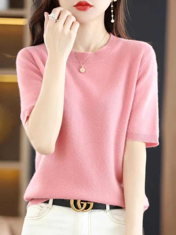 Spring and Summer New Short-sleeved Women O-neck Slim  Sweater