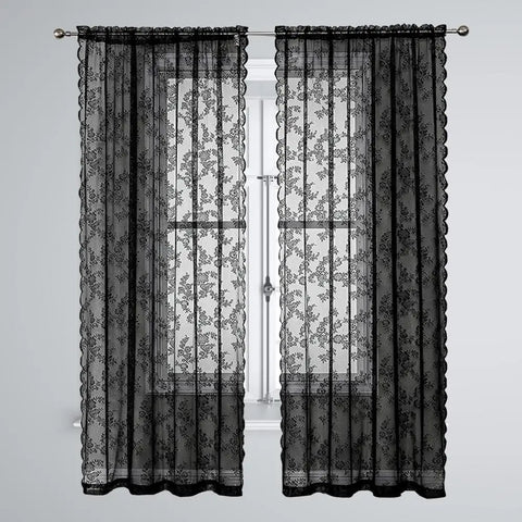 Lace Curtain Airy Sunscreen Thin Dustproof Washable Decorative Tear Resistant Floral Patterned Black Lace Sheer Curtain For Home