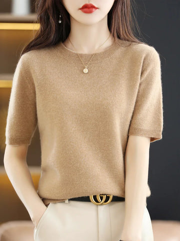 Spring and Summer New Short-sleeved Women O-neck Slim  Sweater