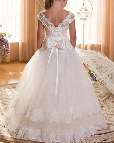 White First Communion Gown for Girls Backless Lace Appliques Bow Tulle Long Flower Gir Dresses Wedding Party Birthday Dresses