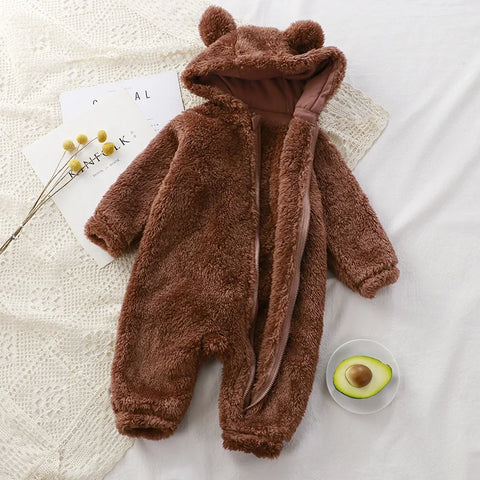 Cute Winter Warm Baby Romper Coral Fleece Cartoon Bear Hooded Boys Girls Newborn Infant Jumpsuit Clothes Soft Pajama