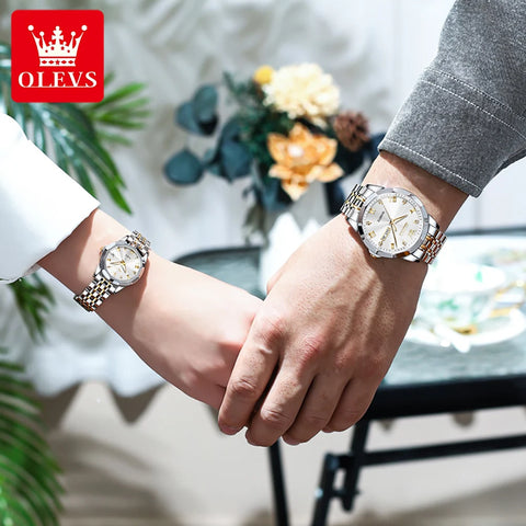 OLEVS 9931 Couple Watch Rhombus Mirror Waterproof Solid Stainless Steel Band Men's Women's Lover Quartz Watch Luxury Watch Set