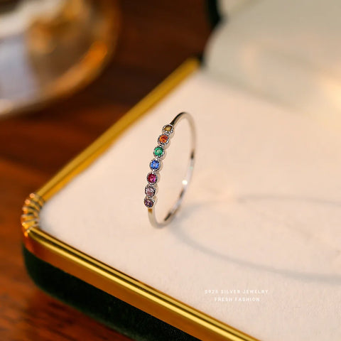 Girls Real 925 Sterling Silver Korean Exquisite Colorful Zircon Ring for Women Stylish Simple Jewelry Accessories