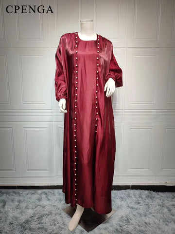 Muslim Abaya Women Dress 2 Piece Set Abayas Morocco Caftan Gowns 2023 New Ramadan Dubai Arabic Silk Satin Kimono Cardigan Robe