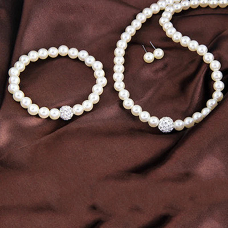 Fashion White Pearl Jewelry Sets Luxury Rhinestone Ball Women Pearls Necklace Earrings Bracelet Sets