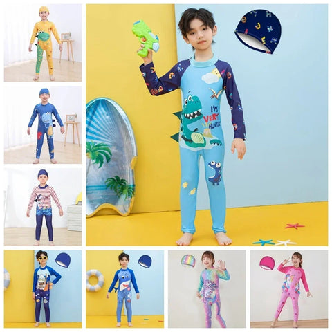 Spring Autumn Baby Boy Girl One Piece Swimsuit Hat 2 Pcs Set Children Swimwear Cartoon Dinosaur Shark Unicorn Suit Kid Beachwear