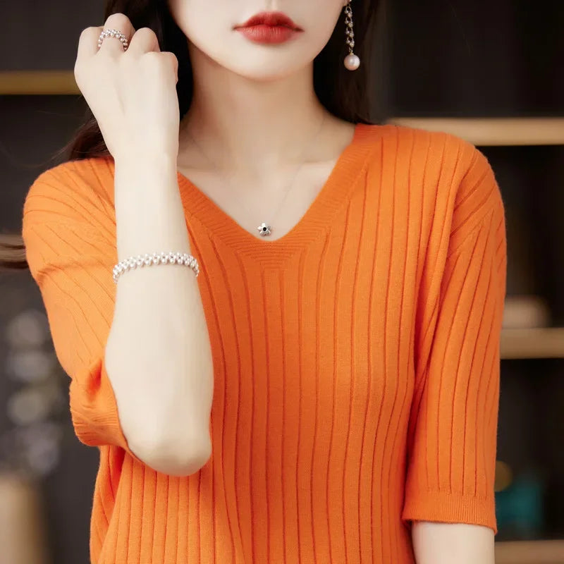 Women Sweater Short Sleeve V-neck Stripe Knitwears