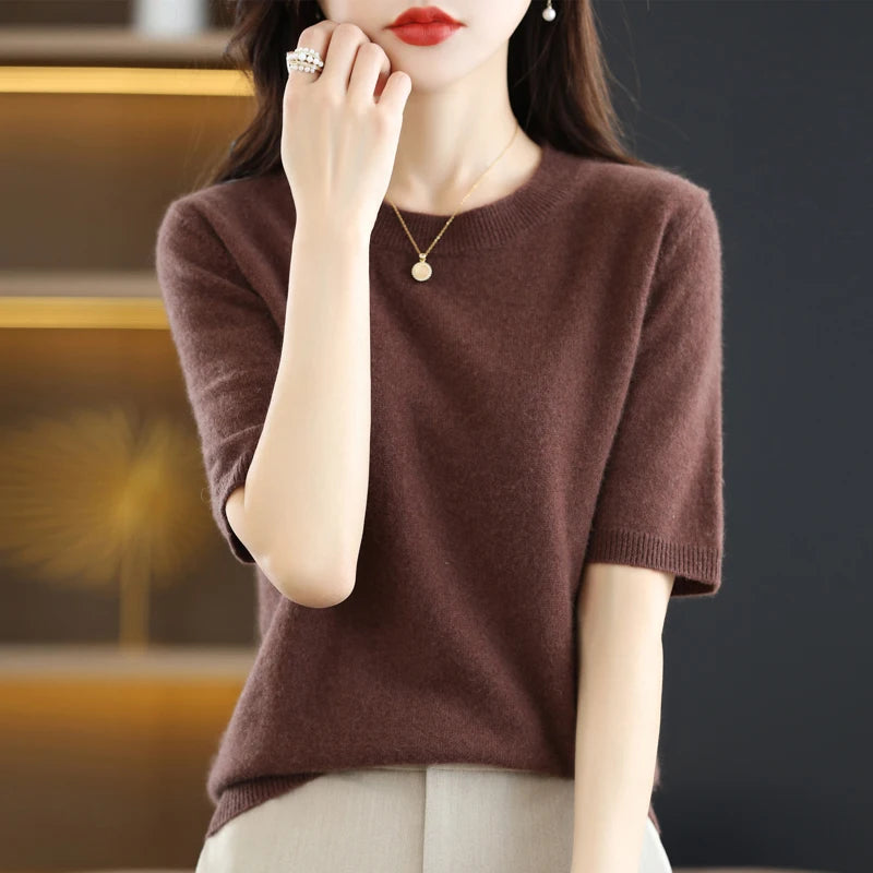 Spring and Summer New Short-sleeved Women O-neck Slim  Sweater