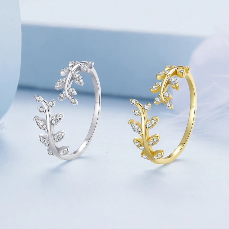 BAMOER 925 Sterling Silver Korean Style Delicate Leaf Open Ring for Women 2 Colors Simple Ring Fine Jewelry Wedding Gift