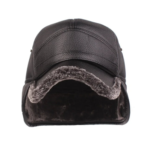 Leather Cap Warm Baseball Cap with Ear Flaps