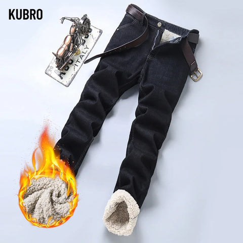 KUBRO Autumn Winter Men's Classic Regular Fit Fleece Jeans Business Fashion Casual Stretch Pants Brand Padded Wool Warm Trousers